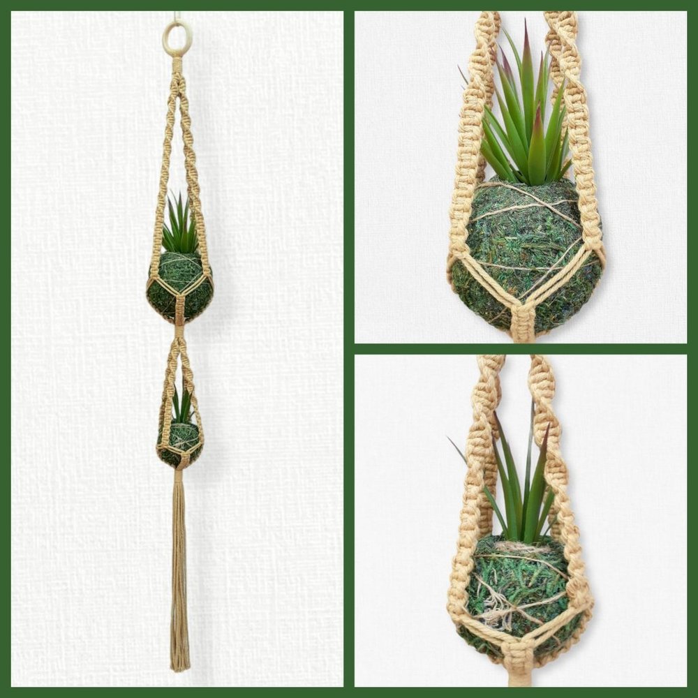 2 Tier Macrame Hanger w/Moss Kokedama Inspired Planters